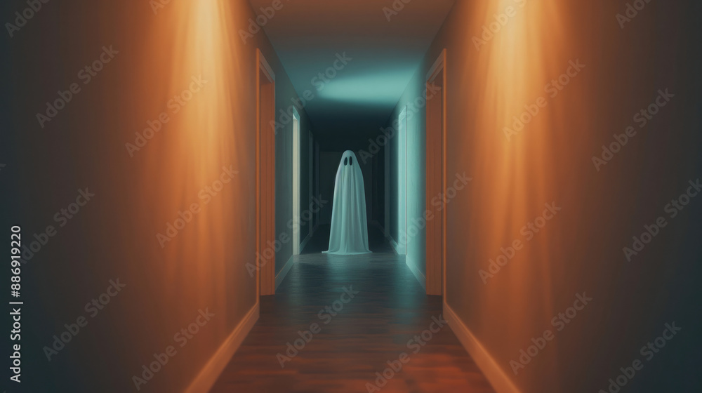 Eerie corridor with a ghostly figure at the end, illuminated by blue light, creating a spooky and supernatural atmosphere. Eerie corridor with a ghostly figure at the end, illuminated by blue light, creating a spooky and supernatural atmosphere.