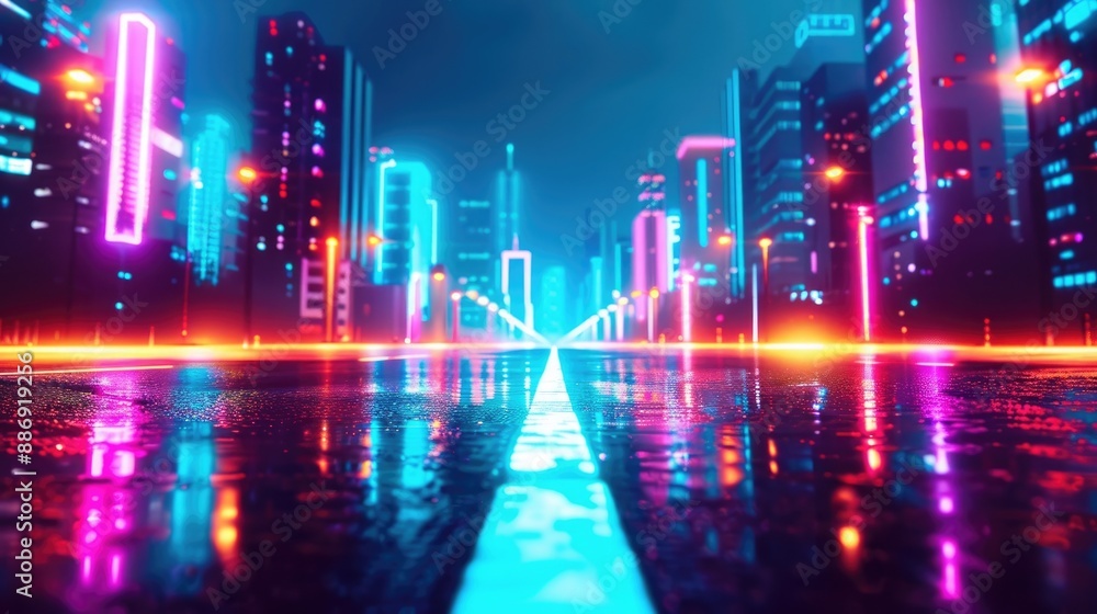 Fototapeta premium Futuristic cyberpunk cityscape with neon lights and reflections on wet pavement at night. Vibrant and colorful technology-inspired urban design.