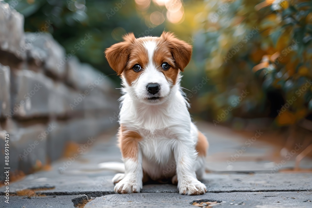 Adorable Puppy Sitting on a Stone Pathway in a Garden Adorable Puppy Sitting on a Stone Pathway in a Garden