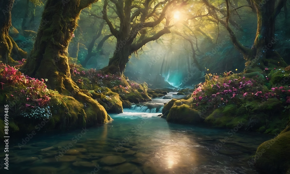 An enchanted forest with glowing flora, mysterious creatures peeking through the trees, and a sparkling river running through.