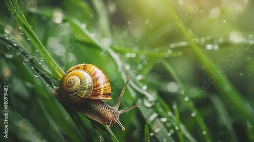 Close-up of a snail on a green blade of grass after the rain. 