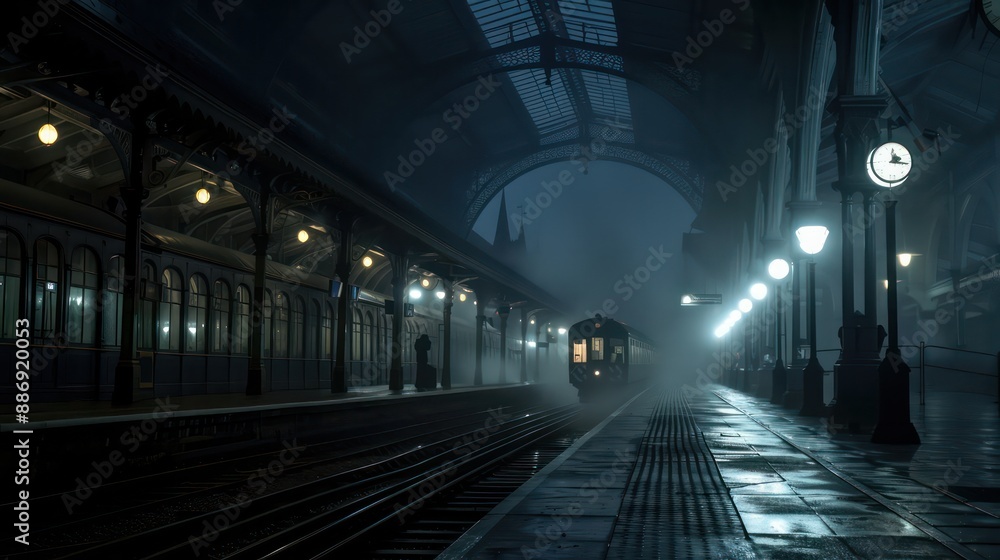 A train is at a station with a dark and foggy atmosphere. The train is the main focus of the image, and it is moving through the station. Scene is mysterious and somewhat eerie A train is at a station with a dark and foggy atmosphere. The train is the main focus of the image, and it is moving through the station. Scene is mysterious and somewhat eerie
