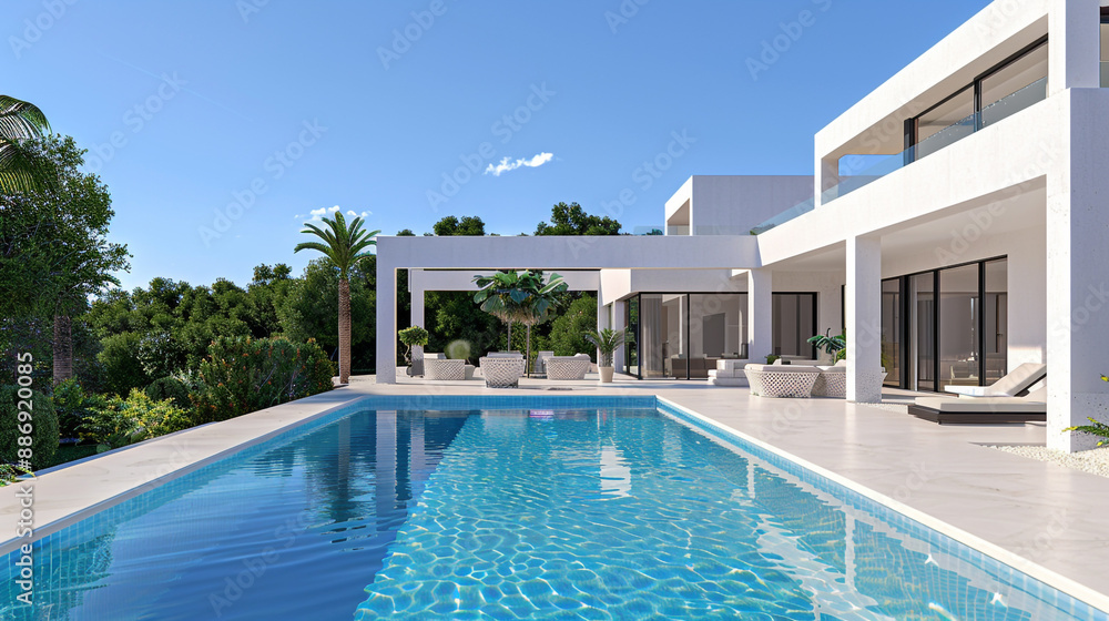 Fototapeta premium Modern villa featuring clean lines and an infinity pool.