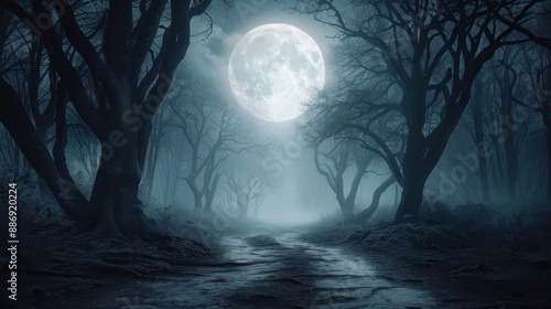 A moon is shining in the sky above a forest. The moon is large and bright, illuminating the dark woods. The scene is peaceful and serene, with the moonlight casting a soft glow on the trees