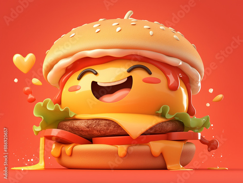 Happy smiling cute burger creative digital illustration. Delicious and positive cheeseburger concept poster. Cartoon style hamburger. Cheerful fast food AI artwork. Red background.  photo