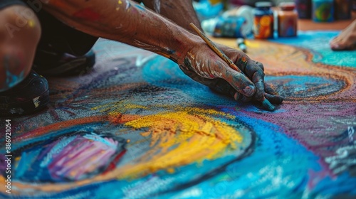 Close Up of Artist's Hand Creating Colorful Street Art photo