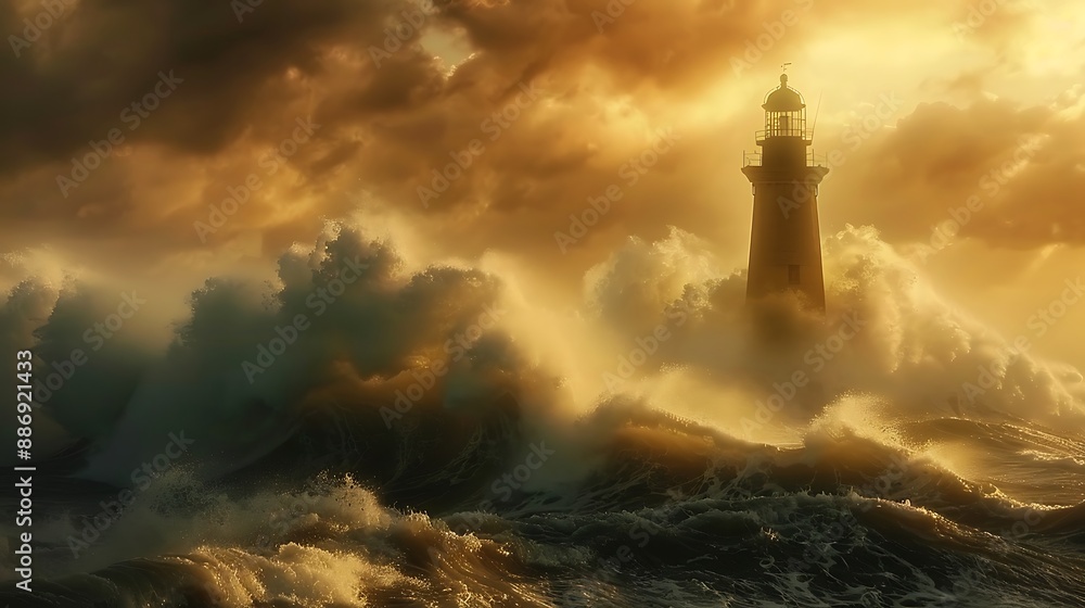 Lighthouse in tempest, huge waves, deep burgundy and gold, ultra HD quality Lighthouse in tempest, huge waves, deep burgundy and gold, ultra HD quality