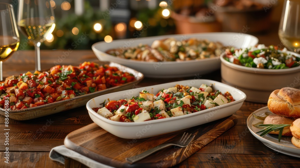 A table with a variety of food and wine. Scene is festive and celebratory A table with a variety of food and wine. Scene is festive and celebratory