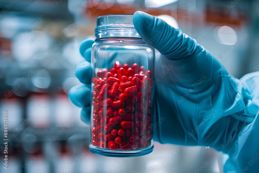 Gloved Hand Holding a Jar of Red Capsules in a Laboratory Setting Gloved Hand Holding a Jar of Red Capsules in a Laboratory Setting