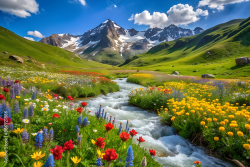 Picturesque Alpine Meadow in Spring with Wildflowers and Snow-Capped Mountains. photo