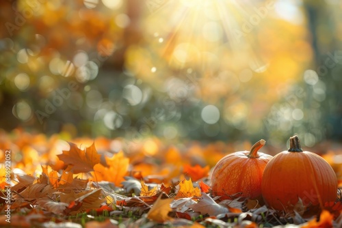 Fototapeta Naklejka Na Ścianę i Meble -  Colorful autumn decor featuring pumpkins & leaves in a natural, bright setting - a festive showcase of the fall season's beauty in a cozy setting