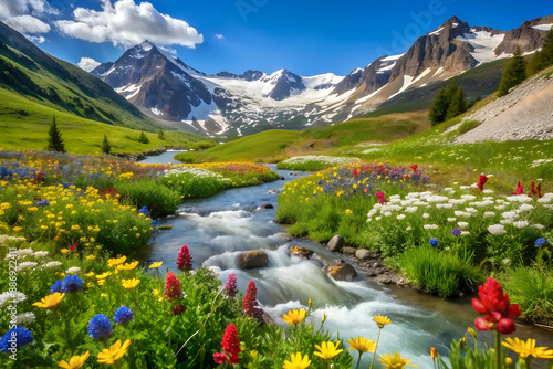 Picturesque Alpine Meadow in Spring with Wildflowers and Snow-Capped Mountains. photo