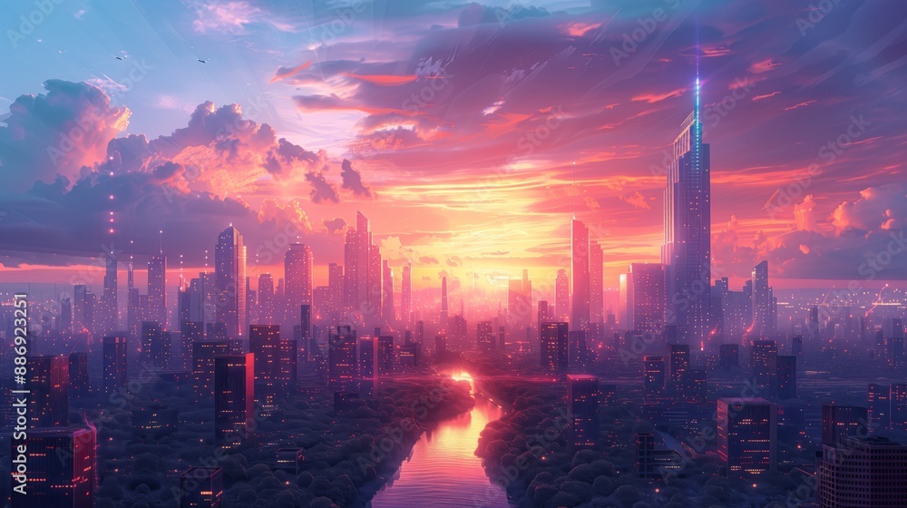 Fototapeta premium A futuristic city with tall buildings and a wide river reflecting the setting sun.