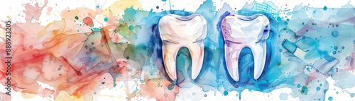 Watercolor painting of two teeth on a colorful background.
