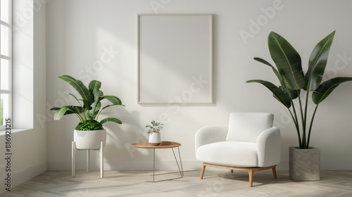 A white chair sits in front of a large white picture frame. The room is decorated with a few potted plants, including a tall one in the corner. The space has a clean and minimalist feel