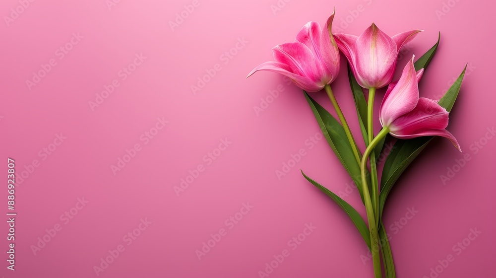 A pink background features a bouquet of pink tulips; their stems extend, one green and distinct A pink background features a bouquet of pink tulips; their stems extend, one green and distinct