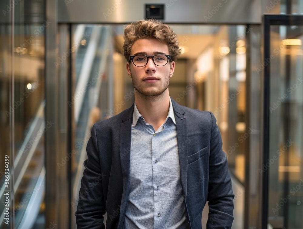 Stunning high resolution photos of a young fashionable handsome man with personality in business casual clothes going up in an elevator in a modern office.Business Stunning high resolution photos of a young fashionable handsome man with personality in business casual clothes going up in an elevator in a modern office.Business
