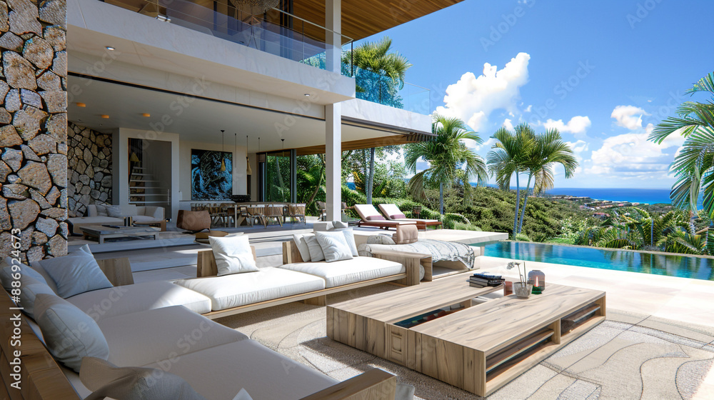 Luxury villa with an open-concept living space and outdoor lounge. Luxury villa with an open-concept living space and outdoor lounge.