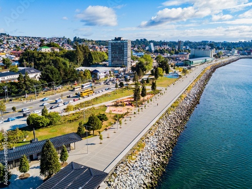 aerial view of Costanera on the waterfront of Puerto Montt, Chile photo