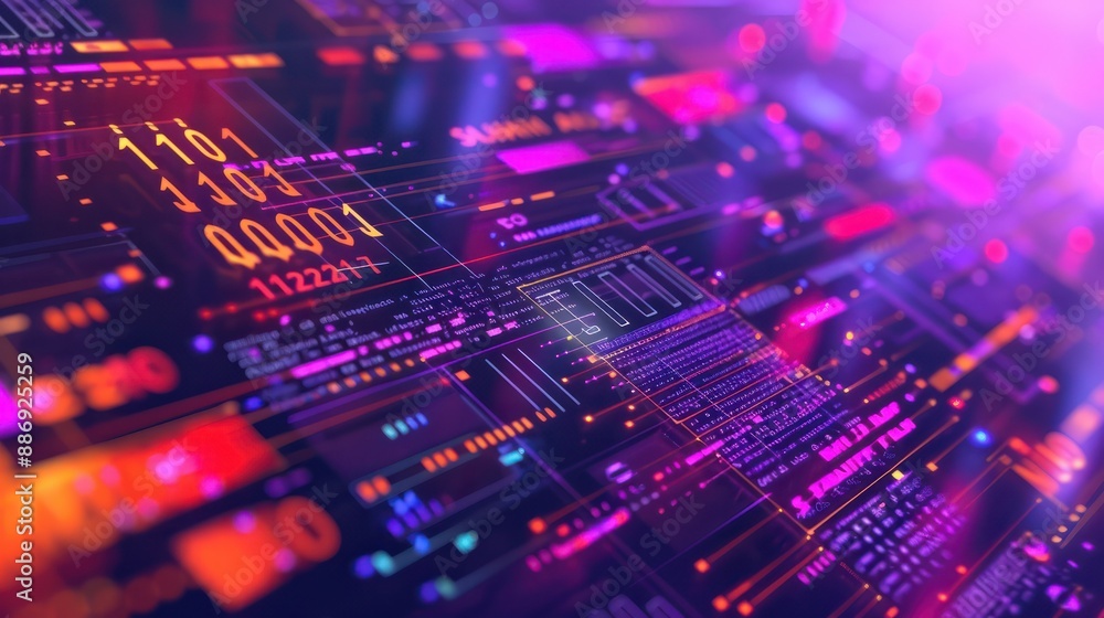 Fototapeta premium Conceptual illustration of the Julia programming language with byte code and data charts on a vibrant purple background. Ideal for tech blogs, educational content, and programming tutorials.