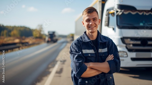 Young Polish Truck Driver in Work Uniform Standing Confidently by Highway with Trucks in Background © gn8