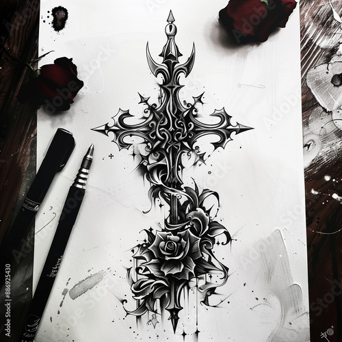 a sketch tattoo of a Gothic cross, featuring ornate, dark elements such as spikes, roses, and intricate filigree, with a dramatic, shadowy aesthetic