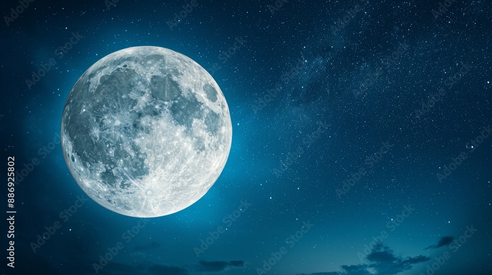 Full moon in dark blue night sky, stars in foreground and background, clouds precede Full moon in dark blue night sky, stars in foreground and background, clouds precede