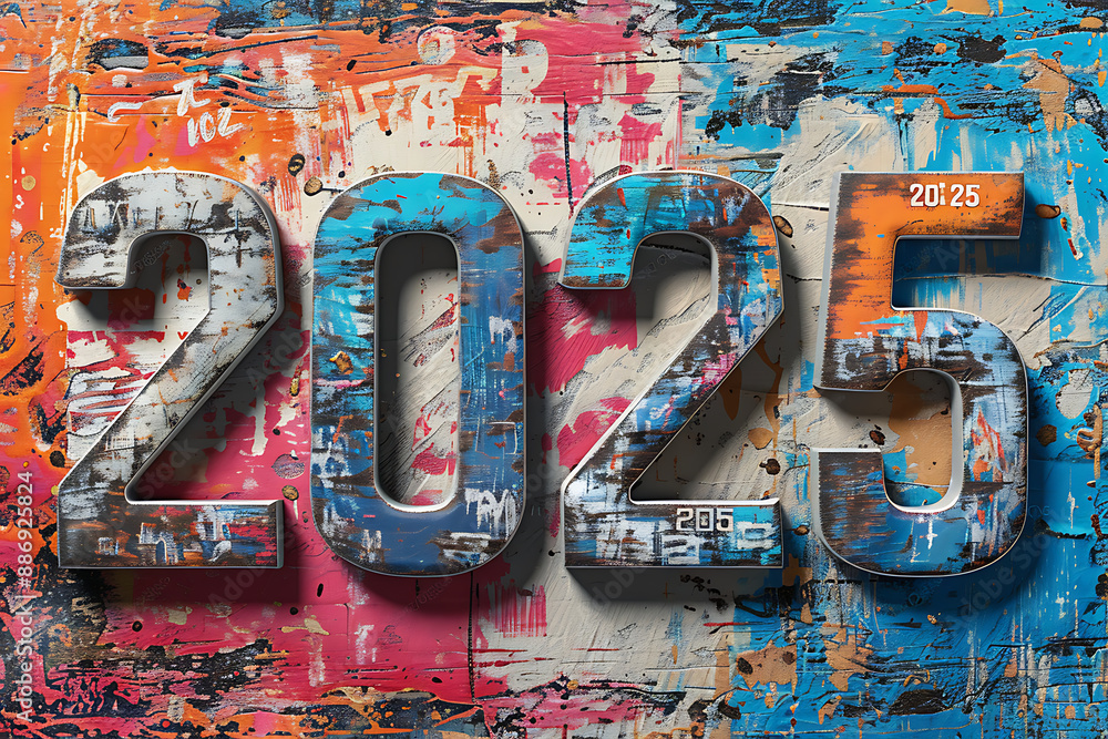 Obraz premium Happy new Year celebration 2025 with colorful spray paint template background. Vector paper illustration.
