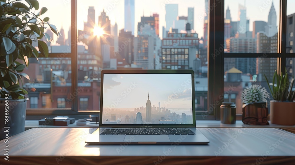 an open laptop on an elegant desk, and a city skyline featuring tall skyscrapers behind it an open laptop on an elegant desk, and a city skyline featuring tall skyscrapers behind it