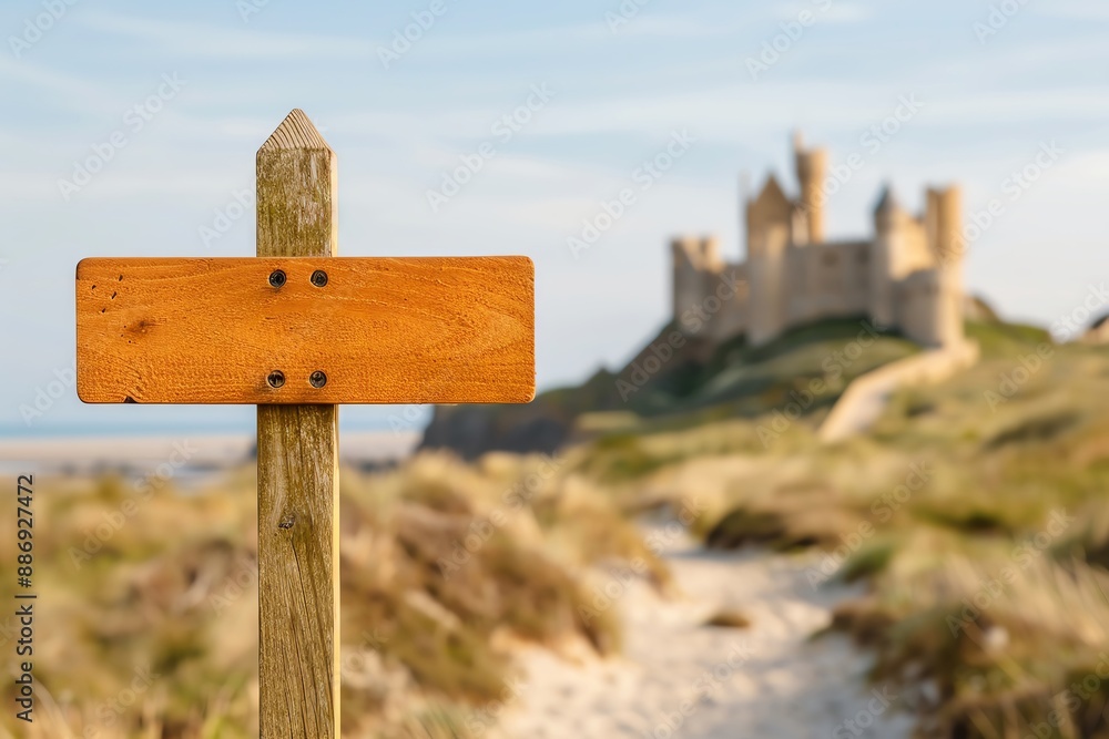 Wooden signpost with a blurred castle in the background. Wooden signpost with a blurred castle in the background.