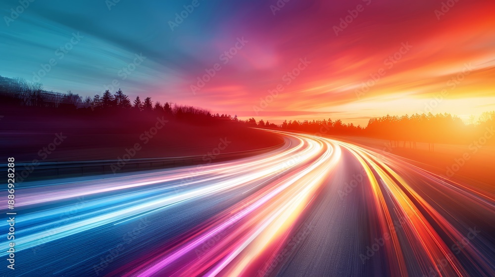 a highway featuring the sun in the background and trees along the opposite side a highway featuring the sun in the background and trees along the opposite side