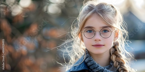 Closeup portrait of blonde schoolgirl outdoors wearing prescription eyeglasses for vision. Concept Outdoor Photoshoot, Schoolgirl, Blonde, Eyeglasses, Portrait