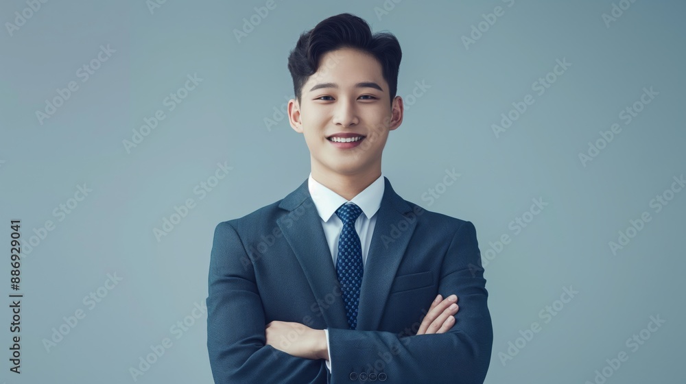 Professional Korean Businessman in a Suit, Smiling with Arms Crossed, for Corporate Use Professional Korean Businessman in a Suit, Smiling with Arms Crossed, for Corporate Use