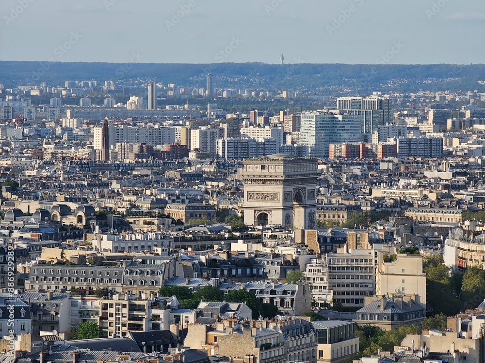 Paris, France - April 12, 2024: Aerial view of crowded Paris skyline with Seine River, Ile de France, France. Panorama view from Eiffel tower to the city skylines. Paris, France - April 12, 2024: Aerial view of crowded Paris skyline with Seine River, Ile de France, France. Panorama view from Eiffel tower to the city skylines.