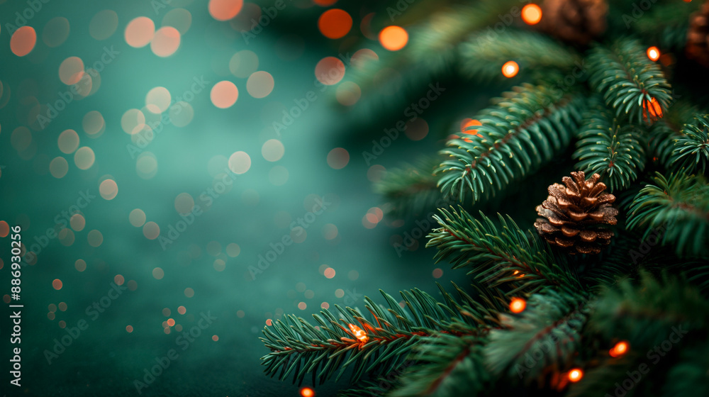 Abstract Christmas background, fir branches on a green background with golden bokeh. Christmas atmosphere Abstract Christmas background, fir branches on a green background with golden bokeh. Christmas atmosphere