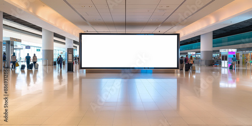 Passengers are walking by a big blank billboard in a busy airport terminal
