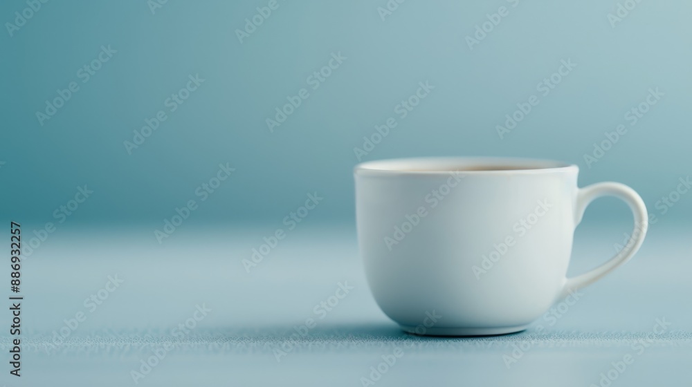 A crisp close-up of a steaming mug of coffee on a table against a soft blue backdrop, featuring a gentle light blue wall in the distance A crisp close-up of a steaming mug of coffee on a table against a soft blue backdrop, featuring a gentle light blue wall in the distance