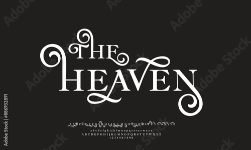 THE HEAVEN is Elegant Uppercase Letters and Small Numbers. Classic Letter Minimal Fashion Design. Modern serif font typography regular decorative vintage concept. vector illustration.Headline font