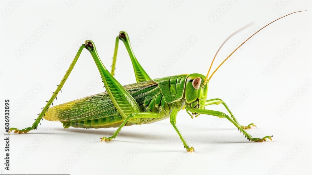 A small green grasshopper sits on a white surface, its body and legs visible A small green grasshopper sits on a white surface, its body and legs visible