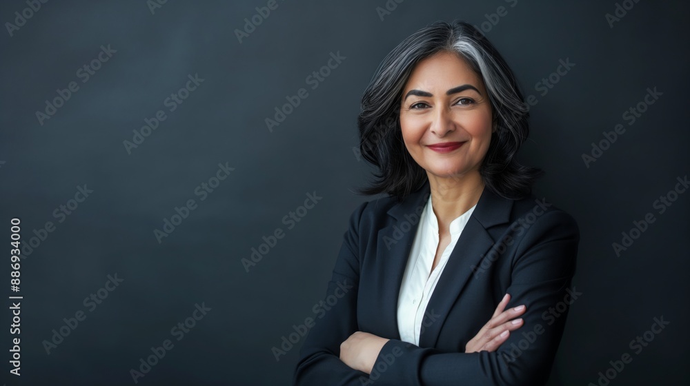 Confident MiddleAged Pakistani Businesswoman in Professional Attire Standing with Arms Crossed Against Dark Background Confident MiddleAged Pakistani Businesswoman in Professional Attire Standing with Arms Crossed Against Dark Background