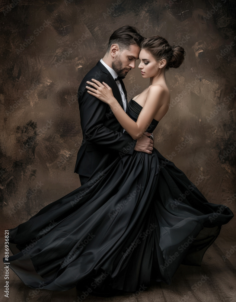 Elegant Dance Movement A couple in a classic dance pose, capturing grace and harmony Flowing white dress and formal suit in black and white perfect symbiosis of movement and style Brainstorming Elegant Dance Movement A couple in a classic dance pose, capturing grace and harmony Flowing white dress and formal suit in black and white perfect symbiosis of movement and style Brainstorming