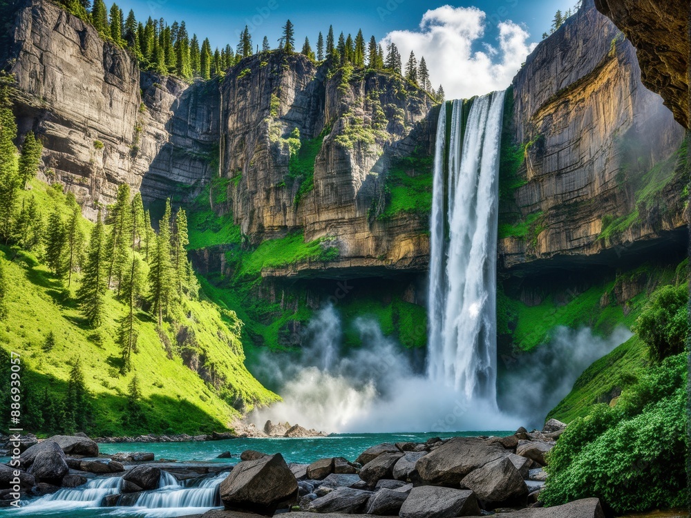 Fototapeta premium Park Paradise: Majestic Waterfall & Lush Greenery Define National Park Beauty. Iconic National Park Landscape - Waterfall & Verdant Cliffs. generative AI