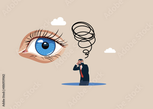 Cyberbullying man eyes spy watch sad bad mood overloaded headache. Employee search, internet stalking, espionage. Flat vector illustration
