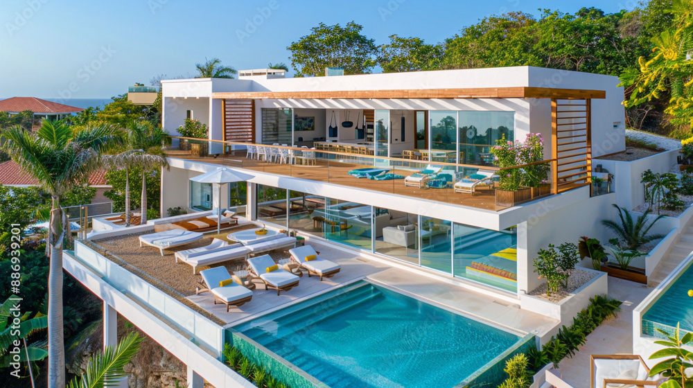 Fototapeta premium Modern villa boasting a rooftop terrace and luxurious pool area.