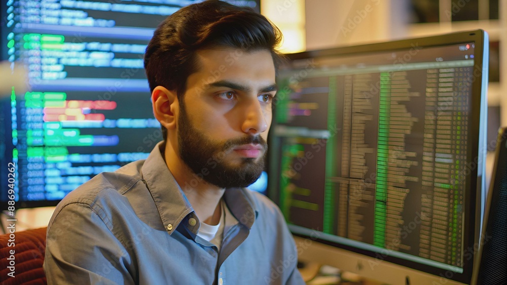 Vertical Screen. Innovative Startup: Portrait of Thoughtful Software Engineer Finding Solution, Planning Strategy, Doing Big Data Analysis. Screen Background. Programmer Developing e-Commerce App. Vertical Screen. Innovative Startup: Portrait of Thoughtful Software Engineer Finding Solution, Planning Strategy, Doing Big Data Analysis. Screen Background. Programmer Developing e-Commerce App.