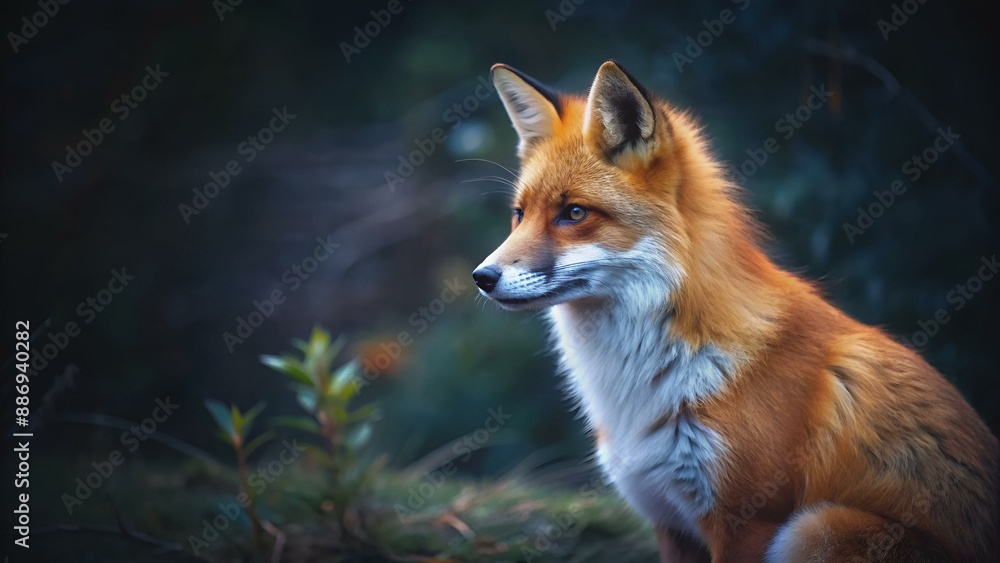A beautiful illustration of a red fox. The fox is sitting on a dark background and looking to the right. The fox's fur is orange, white, and black. A beautiful illustration of a red fox. The fox is sitting on a dark background and looking to the right. The fox's fur is orange, white, and black.