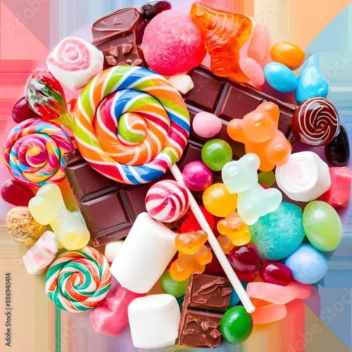 Photo of delicious candy. The colorfulassortment includes gummy bears, lollipops, chocolates, and hard candies, all glistening with their sugary coating photo