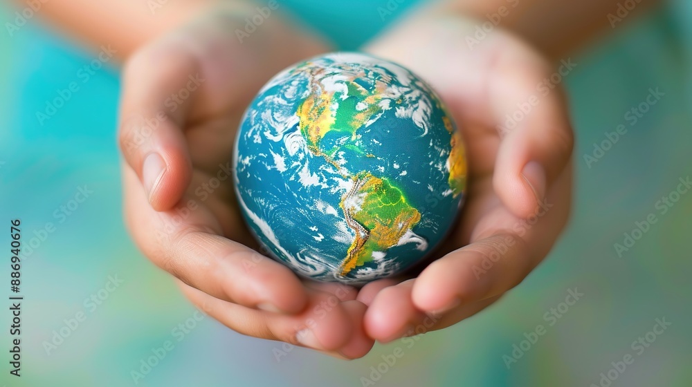 Hands holding a miniature Earth model with a turquoise background Hands holding a miniature Earth model with a turquoise background