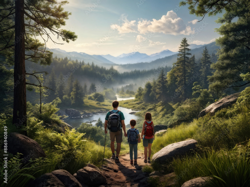 Family Adventure: Hiking Through a Lush, Sun-Dappled Forest. generative AI Family Adventure: Hiking Through a Lush, Sun-Dappled Forest. generative AI