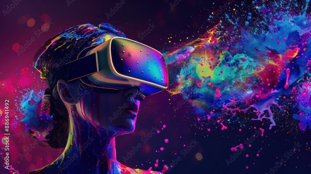 Woman wearing VR headset with colorful paint splashes Woman wearing VR headset with colorful paint splashes